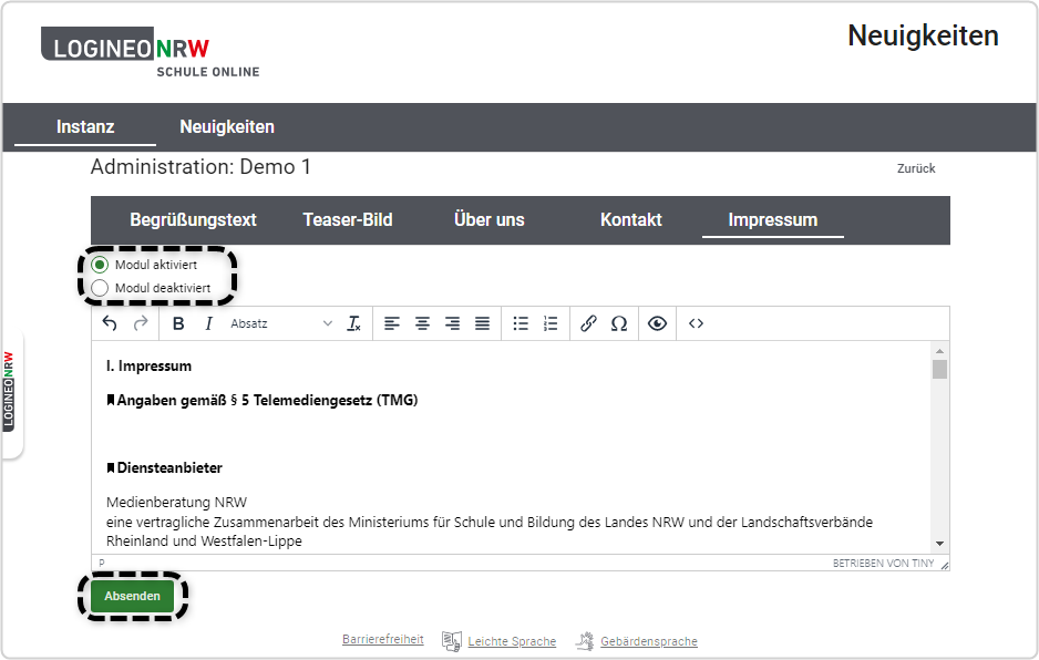 Impressum einrichten Optionen "Modul aktiviert" und "Modul deaktiviert" markiert, "Absenden" markiert