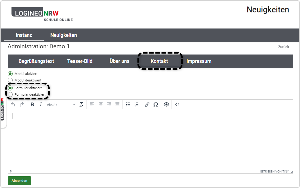 Administration Kontaktformular  "Kontakt" markiert, Optionen "Formular aktiviert" und Formular deaktiviert" markiert