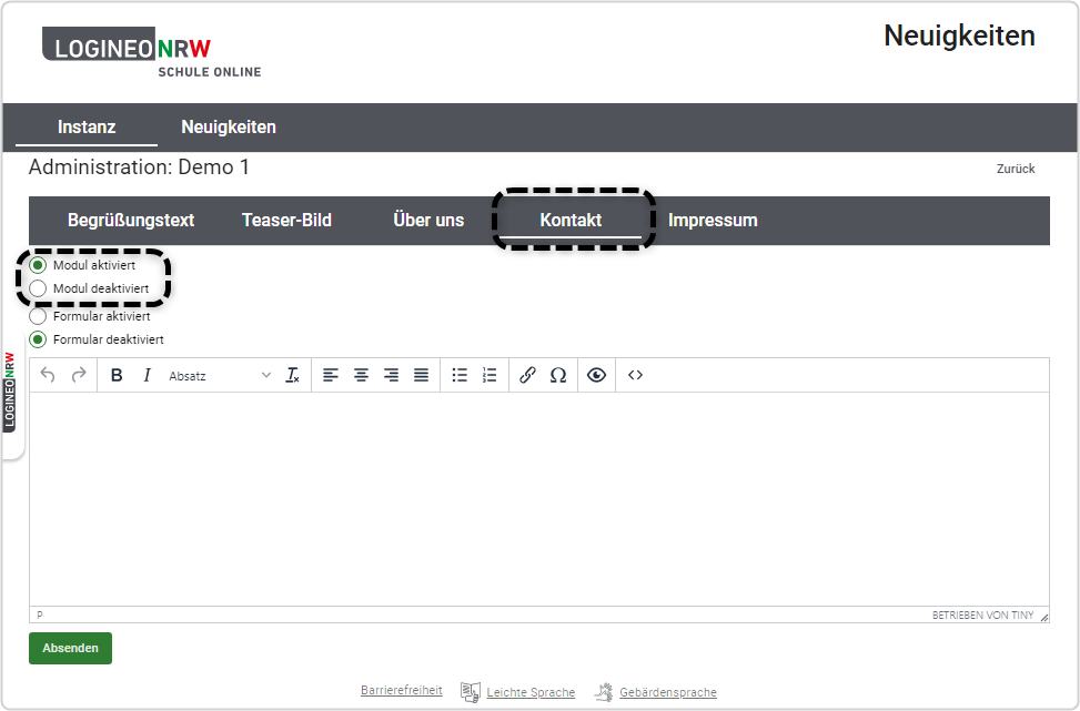 Administration Kontaktformular "Kontakt" und Optionen " Modul aktiviert" und "Modul deaktiviert" markiert
