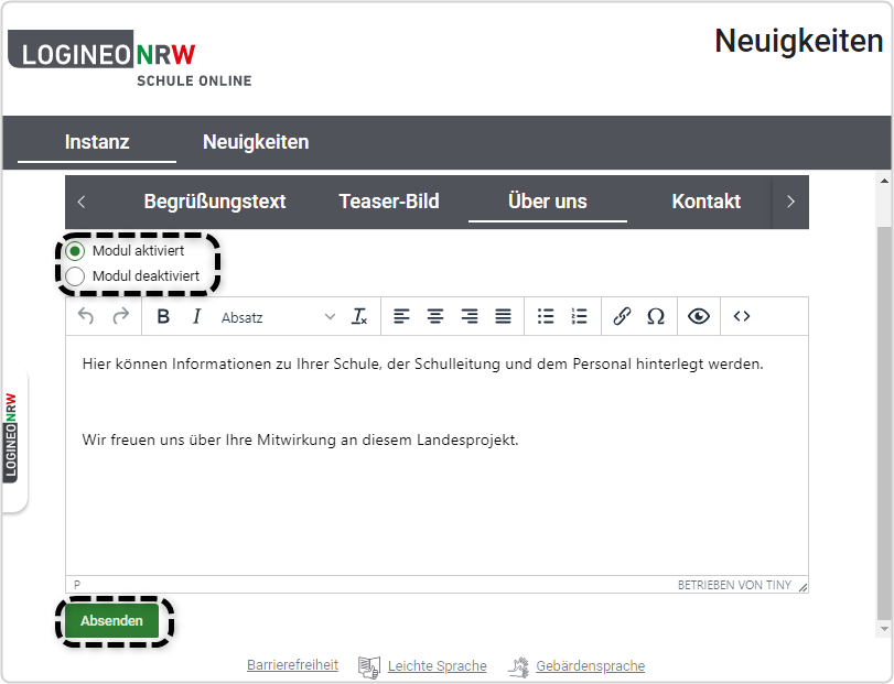 Über uns , Optionen "Modul aktiviert" und Modul deaktiviert" markiert, "Absenden" markiert