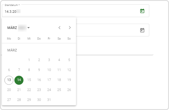 Startdatum auswählen Monatsanzeige öffnet sich