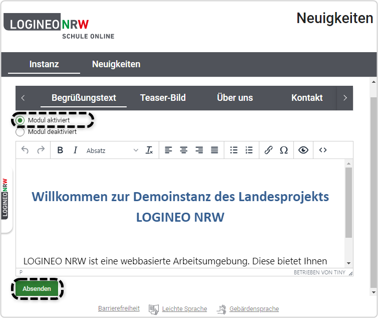 Instanz angewählt, "Modul aktiviert" markiert, "Absenden" markiert