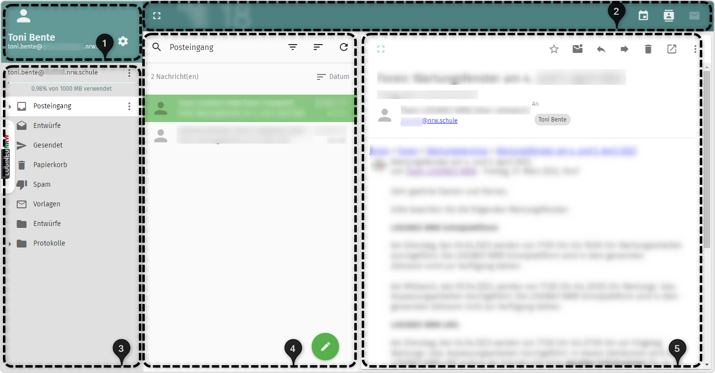 Übersicht E-Mail-Posteingang, Markierungen: 1 - Informationen zum Postfach (Nutzername, Zahnrad für Einstellungen), 2 - Auswahlleiste Kalender, Adressbuch; 3 - Ordner; 4 - Übersicht E-Mails im Posteingang; 5 - Ansicht geöffnete E-Mail