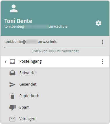 Übersicht E-Mail-Posteingang: Standardordner (Posteingang, Entwürfe, Gesendet, Papierkorb, Spam, Vorlagen)