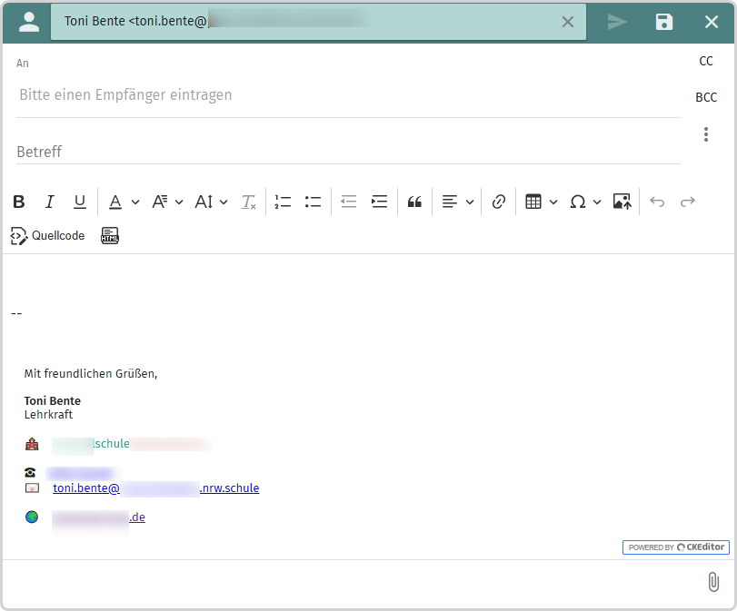 Editor zur Erstellung einer E-Mail (Absenderin: Toni Bente) in neu geöffnetem Fenster
