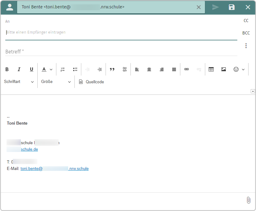 Editor zur Erstellung einer E-Mail (Absenderin: Toni Bente) in neu geöffnetem Fenster