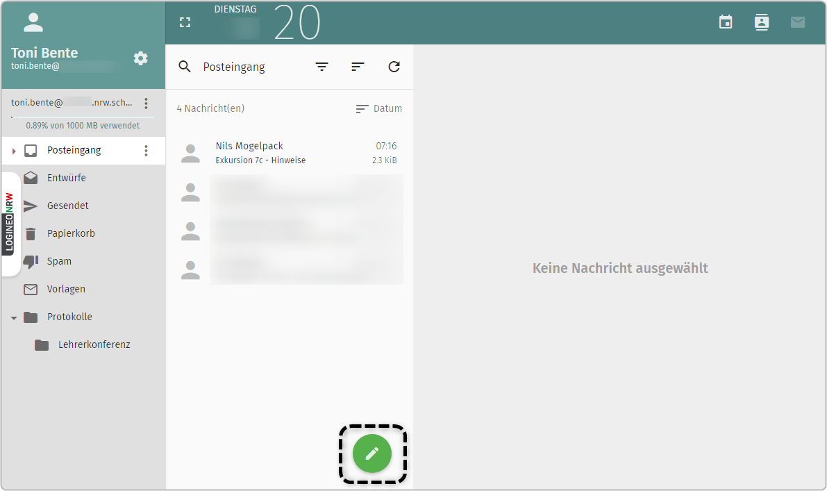 Übersicht des E-Mail-Posteingangs, Button mit Stiftsymbol zur Erstellung einer neuen E-Mail markiert