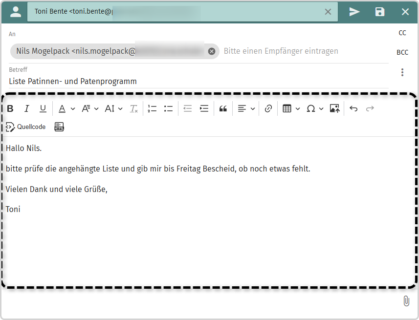 Editor zum Verfassen einer E-Mail, Texteingabefeld markiert