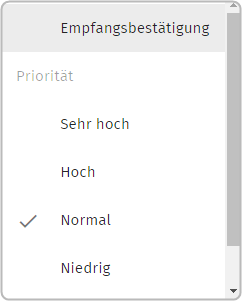 Dropdown-Menü zur Auswahl vor E-Mail Versand: Empfangsbestätigung, Priorität (Sehr hoch, hoch, normal (mit Haken markiert), n