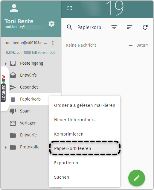 Übersicht E-Mail-Postfach, Ordner "Papierkorb", "Papierkorb leeren" ausgewählt und markiert