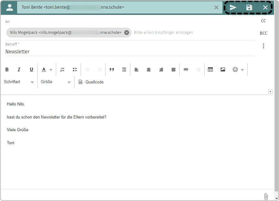 Texteditor zum Verfassen einer E-Mail, E-Mail senden-, -Speichern und -Verwerfen-Symbolemarkiert