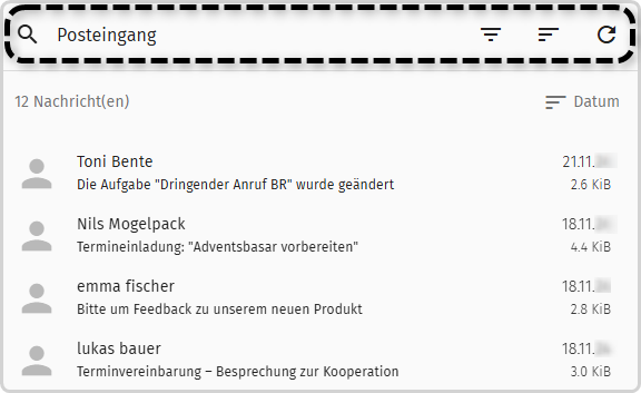 Suchleiste im Ordner "Posteingang"
