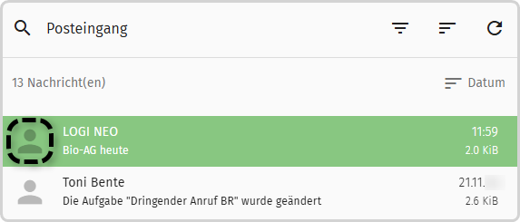 Posteingang mit markiertem Benutzersymbol