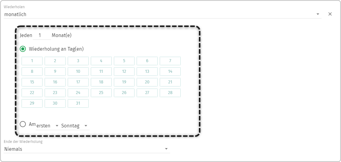 Terminanlage: Feld Wiederholen Auswahl monatlich, markiert: Jeden "1" Monate(e), angewählt Wiederholung an Tag(en), Auswahl der Tage im Monat (1-31), Auswahloption Am ausgewählt "ersten" "Sonntag"