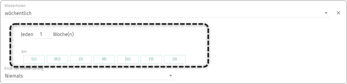 Terminanlage: Feld Wiederholung Auswahl wöchentlich, markiert Jeden Auswahl "1" Wochen(n),  Feld Am Wochentagsfelder zur Auswahl So, Mo, Di, Mi, Do, Fr, Sa