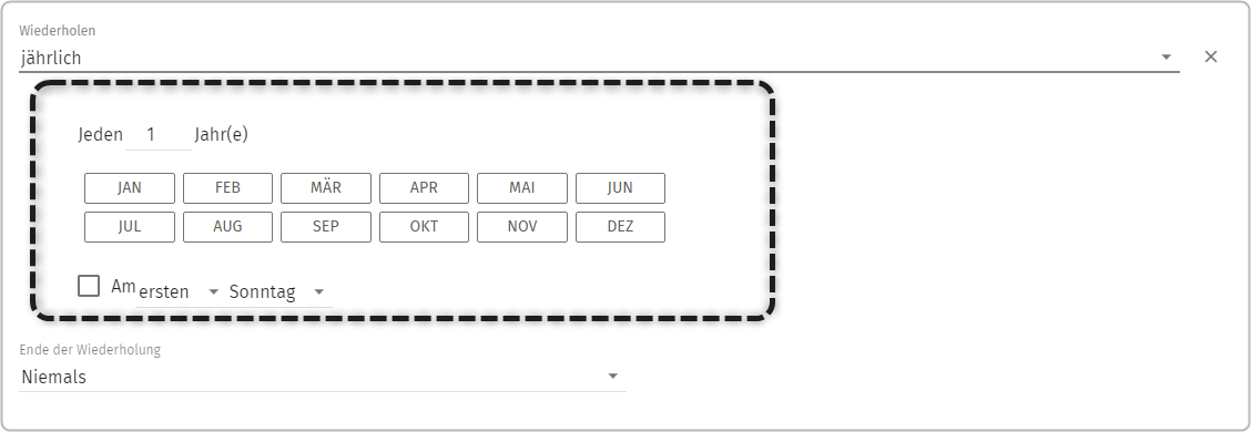 Terminanlage: Feld Wiederholen Auswahl jährlich, markiert jeden "1" Jahr(e), Auswahl von Jan, Feb, Mär, Apr, Mai, Jun, Juli, Aug, Sep, Okt, Nov, Dez, Checkbox Am Auswahl "ersten" "Sonntag"