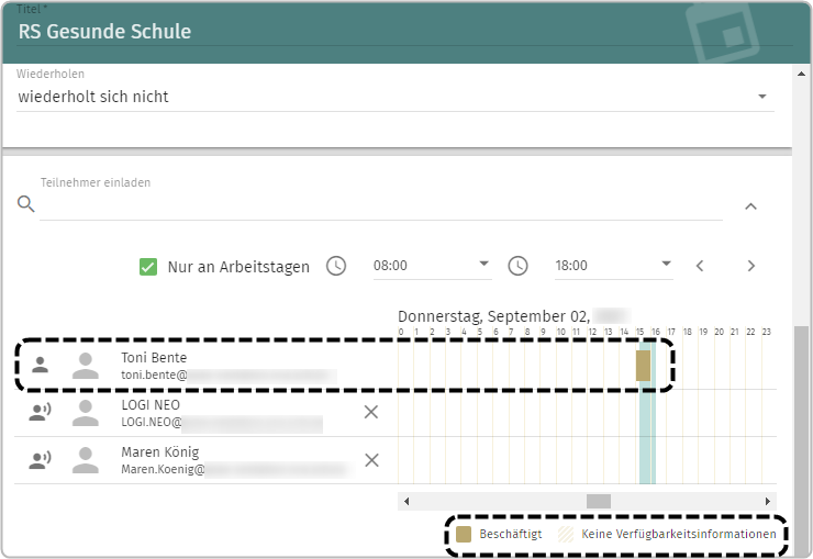 Termin RS Gesunde Schule , wiederholt sich nicht, nur an Arbeitstagen ausgewählt, 8:00 bis 18:00, Verfügbarkeitsanzeige markiert Toni Bente Zwischen 15 Uhr und 16 Uhr beschäftigt, Legende Beschäftigt und Keine Verfügbarkeitsinformationen markiert