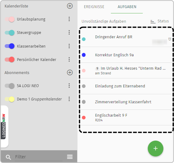 Aufgaben: Dringender Anruf BR, Korrektur Englisch 9a, Im Urlaub H. Unterm Rad... , Einladung zum Elternabend, Zimmerverteilung Klassenfahrt, Englischarbeit 9 F markiert