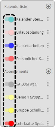 Kalenderliste und Liste der Abonnements: Schieberegler alle aktiv markiert