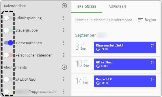 Schieberegler bei Kalenderliste markiert: Kalender Klassenarbeiten ist nach rechts geschoben (aktiv)  und Termine aus diesem Kalender sind rechts dargestellt.. Alle anderen Kalender sind inaktiv geschaltet.