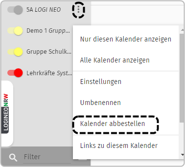 Dreipunkte markiert, Option Kalender Abbestellen im Dreipunktemenü markiert