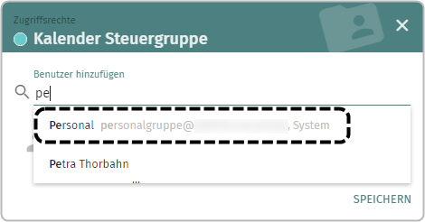 Eingabe pe, Suchergebnis Personal personalgruppe@ System wird markiert, weiterer Treffer darunter