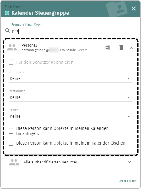 Kalenderfreigabedialog Markierung Personal, Für den Benutzer abonnieren nicht angewählt, Auswahlwert "Keine" bei Öffentlich, Vertraulich , Privat, Checkboxen nicht angewählt "Diese Person kann Objekte in meinen Kalender hinzufügen." , "Diese Person kann Objekte in meinem Kalender löschen."