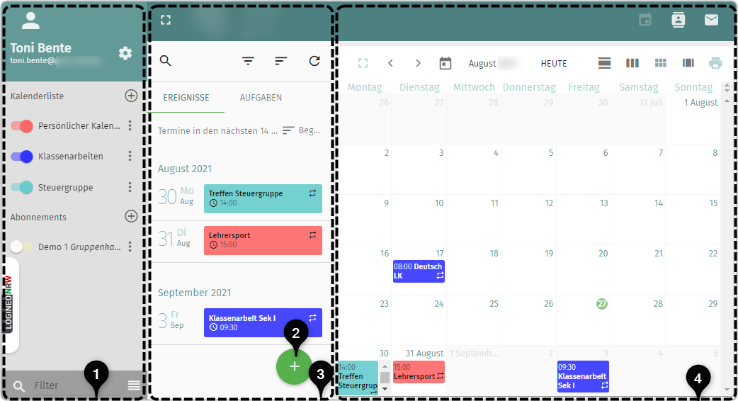 Nr. 1 Kalenderliste mit persönlichen Kalendern und Abonnements markiert, Nr. 2 Plus-Icon (neue Termin, neue Aufgabe), Nr. 3 Bereich Ereignisse- und Aufgabenliste markiert, Nr. 4 Kalenderbereich markiert