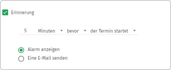 Termineinstellungen mit Haken bei Erinnerung, Alarm anzeigen angewählt