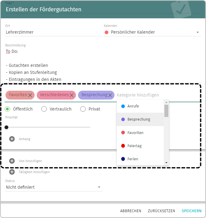 Kategorien hinzugefügt, Drop-down-Menü mit weitere Kategorien