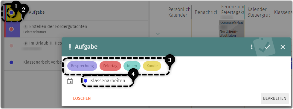 Farbkennzeichnung: Nr. 1 Farbe des Kalenders, Nr. 2 rechteckige Fläche farbig unterteilt, Nr. 3 Kategorien, Nr. 4 Kalender