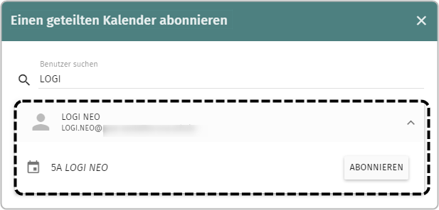 Einen geteilten Kalender abonnieren Suchergebnis Nutzer und Kalender und Button Abonnieren markiert