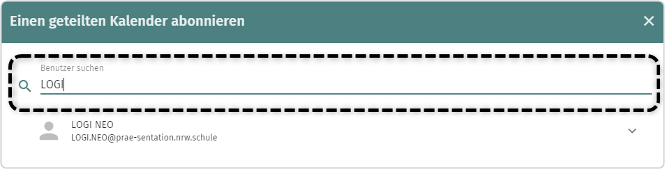 Einen geteilten Kalender abonnieren Eingabe markiert, darunter gefundener Nutzer angezeigt