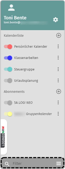 Bereich Kalenderliste und Abonnements Filtereingabefeld ganz unten markiert