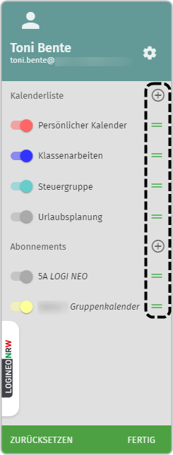 Kalenderliste Icons zum Verschieben der Kalender markiert. Ganz unten Buttons:  zurücksetzen und fertig 