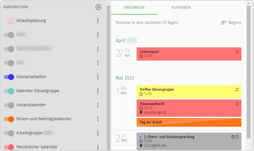 Kalenderliste und Abonnements sind alle auf aktiv geschaltet (Schieberegler nach rechts)