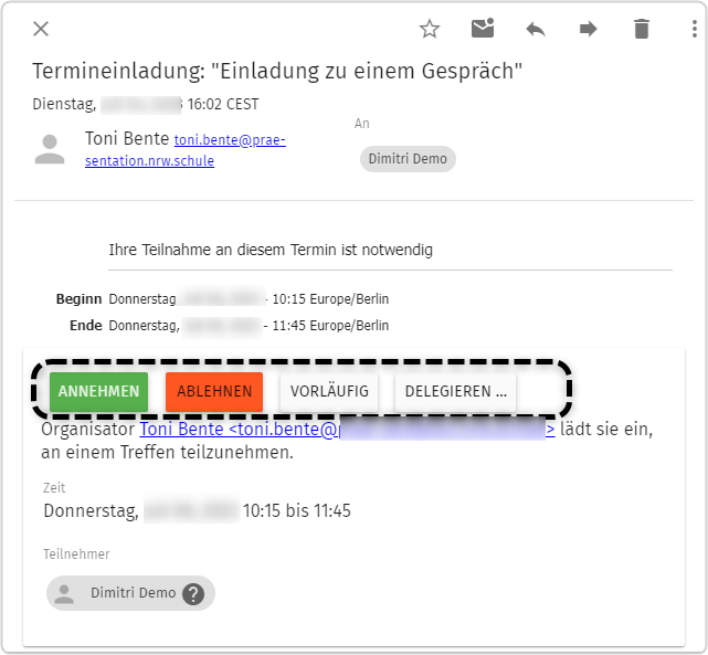 Termineinladung: markiert: Annehmen, Ablehnen, Vorläufig, Delegieren