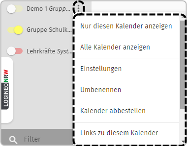 Dreipunktemenü bei Abonnements: Nur diesen Kalender anzeigen, Alle Kalender anzeigen, Einstellungen, Umbenennen, Kalender abbestellen, Links zu diesem Kalender