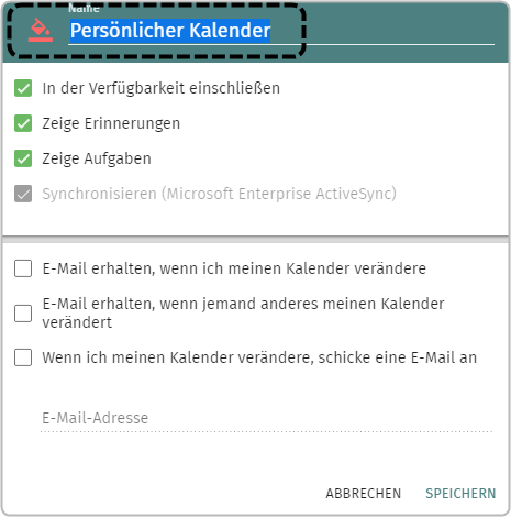 Kalendereinstellungen Name "Persönlicher Kalender" ist markiert