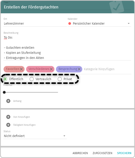 Aufgabeneinstellungen: Öffentlich angewählt, Vertraulich und  Privat markiert