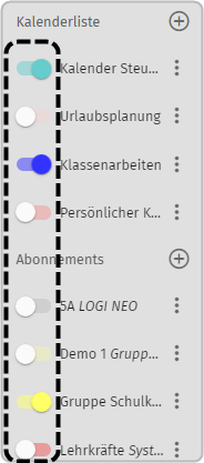 Kalenderliste und Liste der Abonnements: Schieberegler aktiv oder nicht aktiv markiert