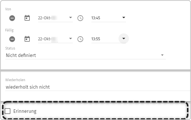 Erinnerungscheckbox nach Feld Wiederholen markiert.