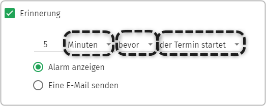 Erinnerung Checkbox angewählt, 5 "Minuten", "bevor", "der Termin startet" markiert.
Alarm anzeigen Checkbox gewählt