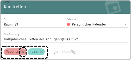 Terminanlage: angelegte Kategorien Favorite und Ideen markiert. Bei Favoriten das x markiert.