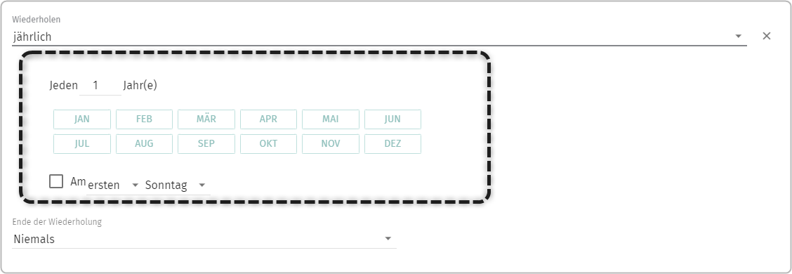 Jeden "1" Jahr(e): Auswahl Monate JAN-DEZ, Auswahl Am "ersten" "Sonntag"