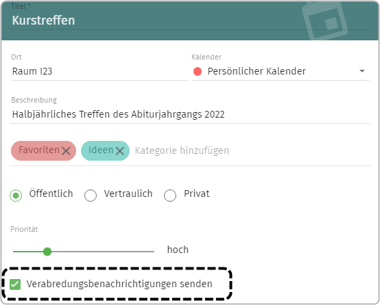 Terminanlage: Checkbox Verabredungsbenachrichtigungen senden angewählt