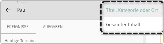 Drop-down-Menü rechts neben Such-Eingabefeld: Titel, Kategorie oder Ort, Gesamter Inhalt