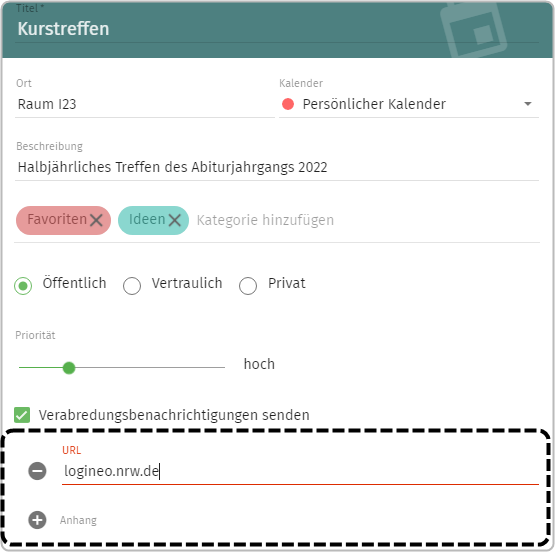 Terminanlage: Checkbox bei Verabredungsbenachrichtigungen senden  ausgewählt,  markiert: Feld URL mit Eingabe logineo.nrw.de und darunter befindlichen weiteren Feld Anhang 