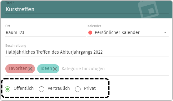 Terminanlage: markierte Terminkategorien: Öffentlich angewählt, Vertraulich, Privat