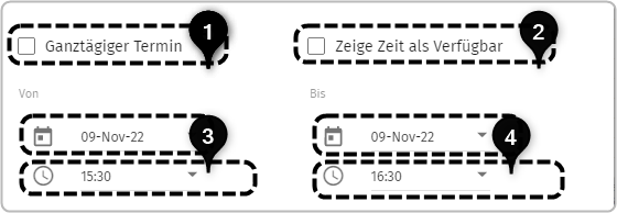 Terminanlage: Nr. 1 Checkbox Ganztägiger Termin, Nr. 2 Checkbox Zeige Zeit als Verfügbar, Nr. 3 Von (Termin), Nr. 4 Bis (Termin), 